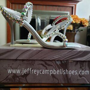 Jeffrey Campbell Anthropologie Saints Silver Gemstone Crystal Strappy Heels Sz 9